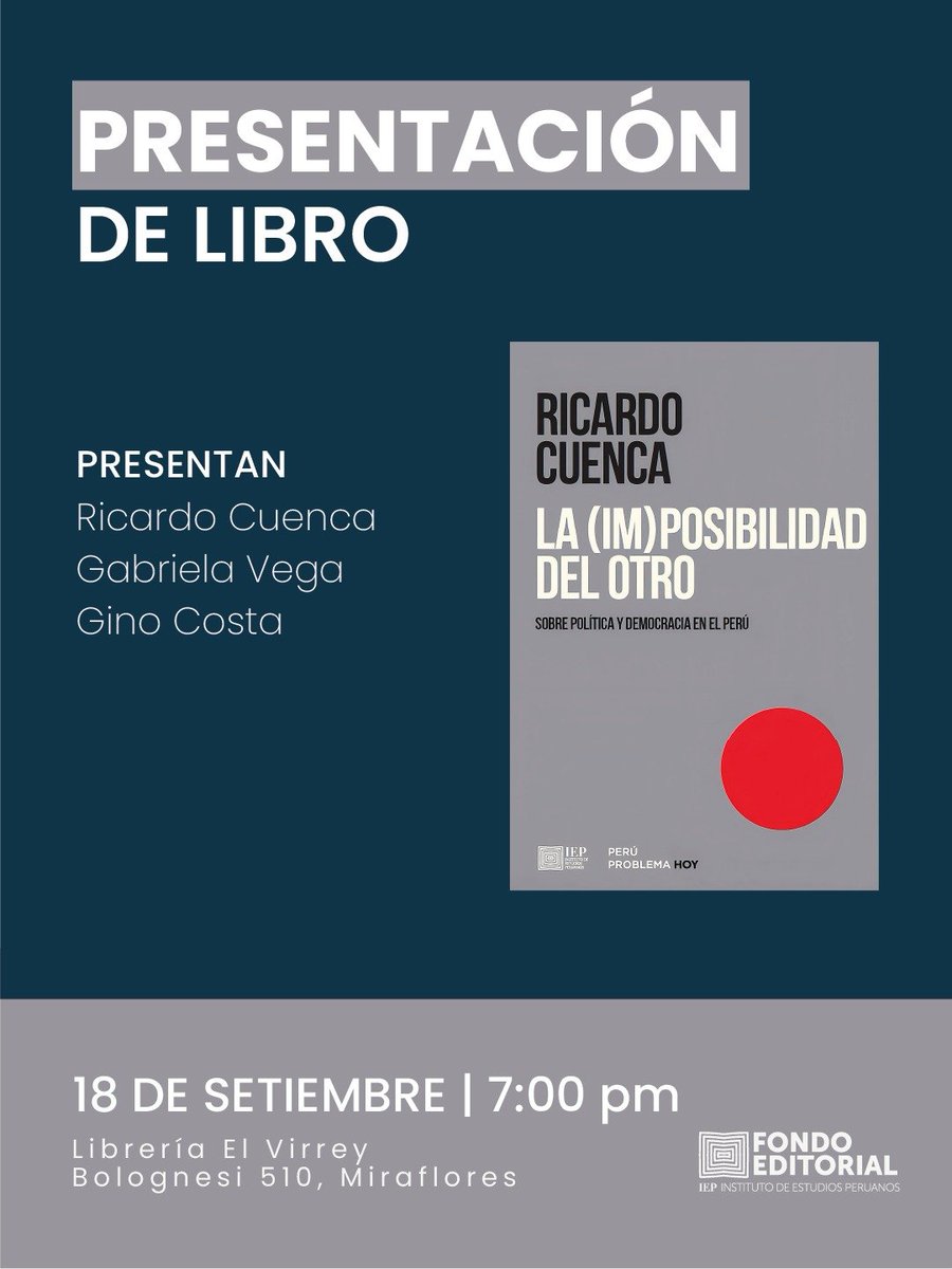 richicuenca's tweet photo. ¿Qué pasa con la democracia cuando dejamos de reconocer como legítimo a quien piensa distinto?
Sobre eso conversaremos el 18 de septiembre en El Virrey, con @gvegafranco y @CostaGino.
Los espero. https://t.co/cPzOKyijEA
