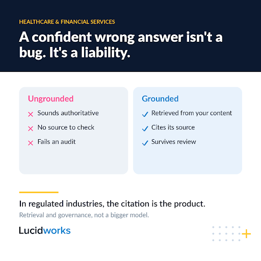 Lucidworks's tweet photo. In a regulated industry, the citation is the product.
Fluency is table stakes. Traceability is what makes it deployable.
The fix for a confident wrong answer isn't a bigger model. It's grounding, answers from approved content, with an audit trail that survives review. https://t.co/rUF1hgaECG