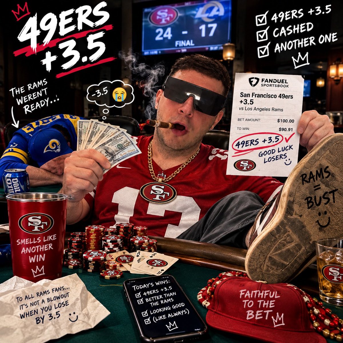 jcarelli11's tweet photo. A push last night so this .5 will matter!
Tonight is so simple: 
- The public has the Rams piece in there mouths 
- Shanahan owns McVay https://t.co/I0199kzBno