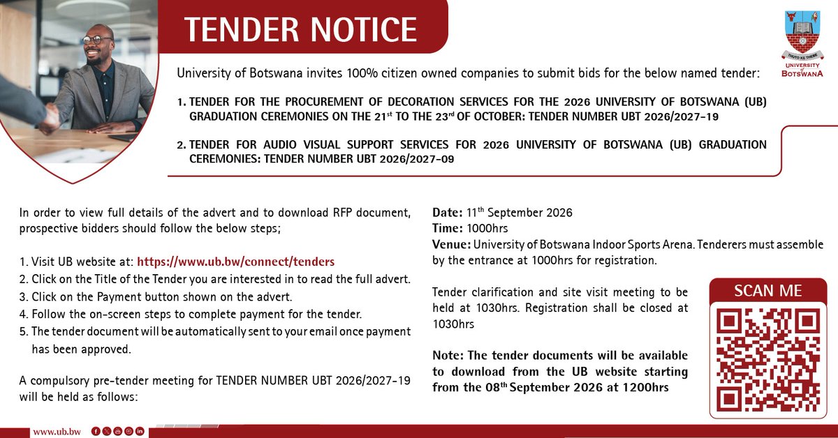 UBBotswana's tweet photo. TENDER NOTICE

https://t.co/yeQMTFElFq

2026 UB Graduation Ceremonies Tenders

Decoration Services
Tender No. UBT 2026/2027-19
Audio-Visual Support Services
Tender No. UBT 2026/2027-09 https://t.co/llcwgKh58Y