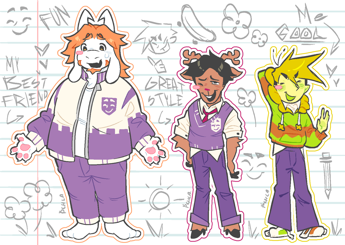 pchlenka's tweet photo. May I share my silly little AU where Asgore and Rudy accidentally opened a fountain in their college dorm and got sent on an anime highschool themed adventure?

#deltarune #flowery https://t.co/CSmu7huQSU
