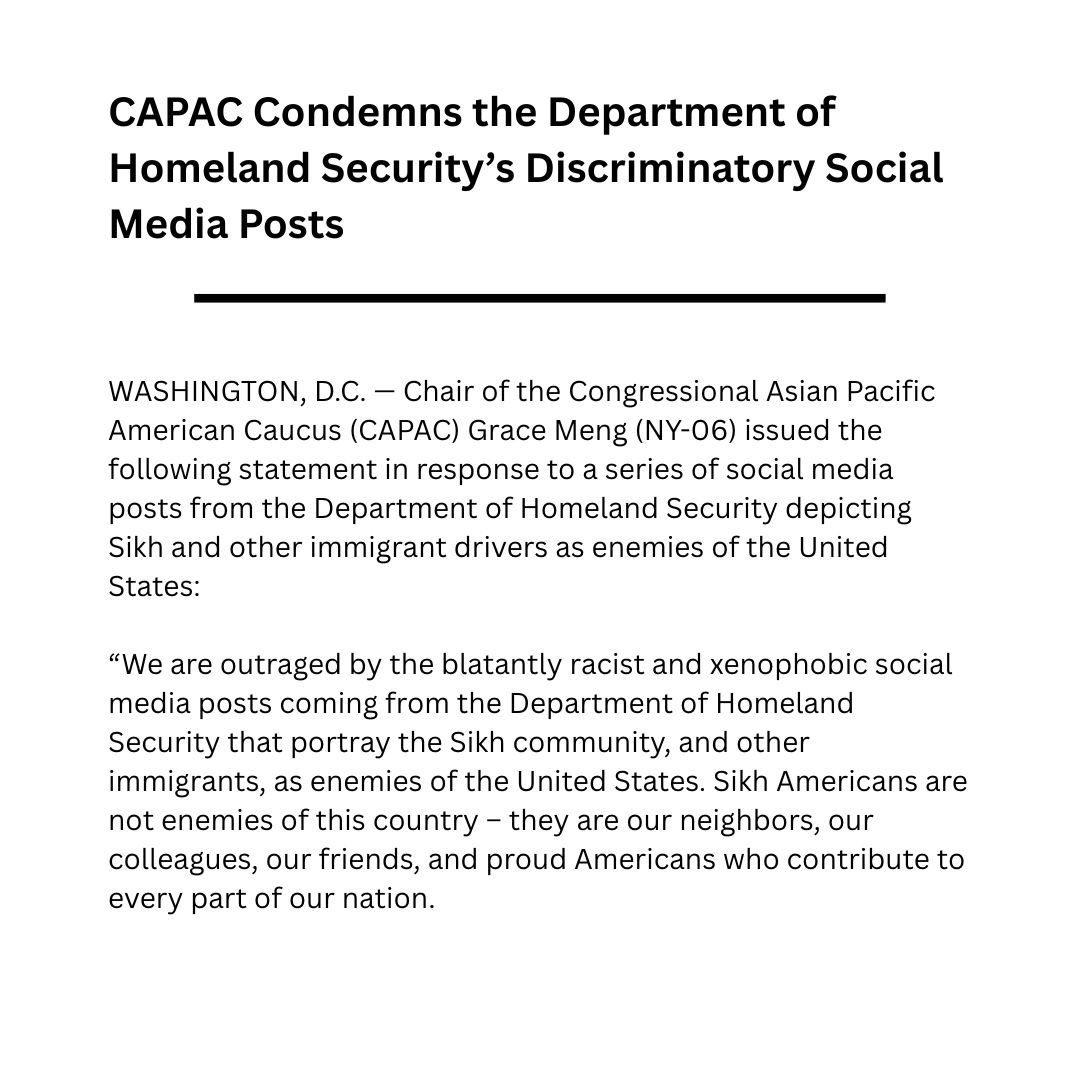 CAPAC's tweet photo. CAPAC Condemns the Department of Homeland Security’s Discriminatory Social Media Posts https://t.co/rDq8CHLCh1