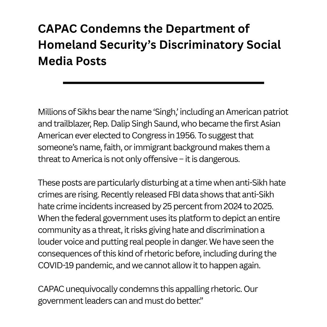 CAPAC's tweet photo. CAPAC Condemns the Department of Homeland Security’s Discriminatory Social Media Posts https://t.co/rDq8CHLCh1