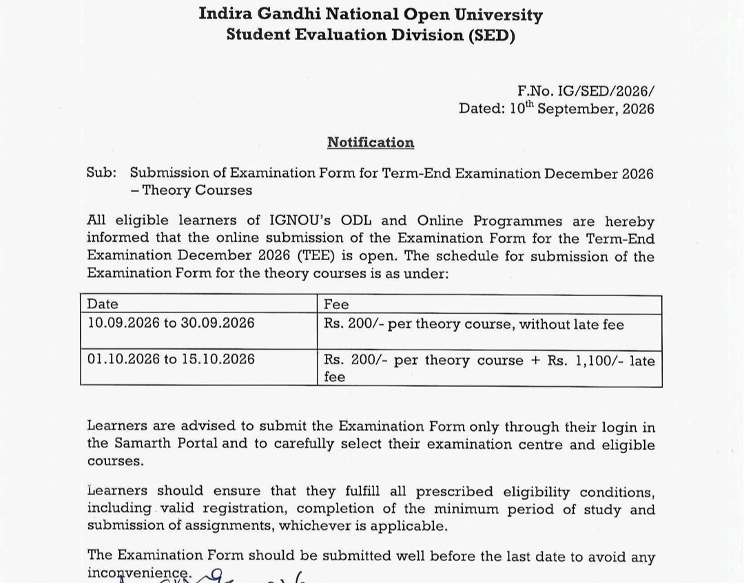 OfficialIGNOU's tweet photo. Notification for submission of Exam Form for December 2026 TEE https://t.co/dECFJZhX4A