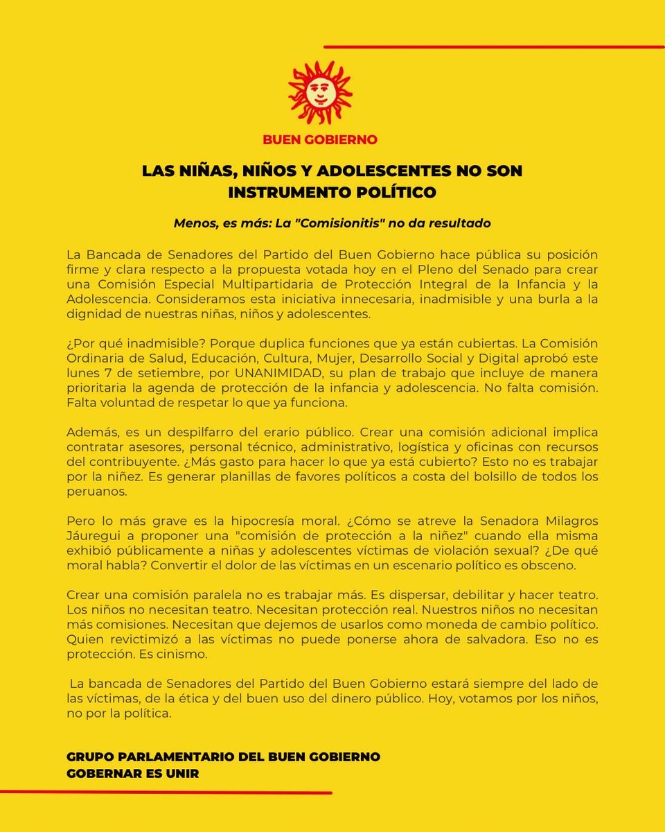 PIturregui's tweet photo. PRONUNCIAMIENTO
Bancada del Buen Gobierno: Las niñas, niños y adolescentes no son instrumento político. https://t.co/RLQ74q8Br4