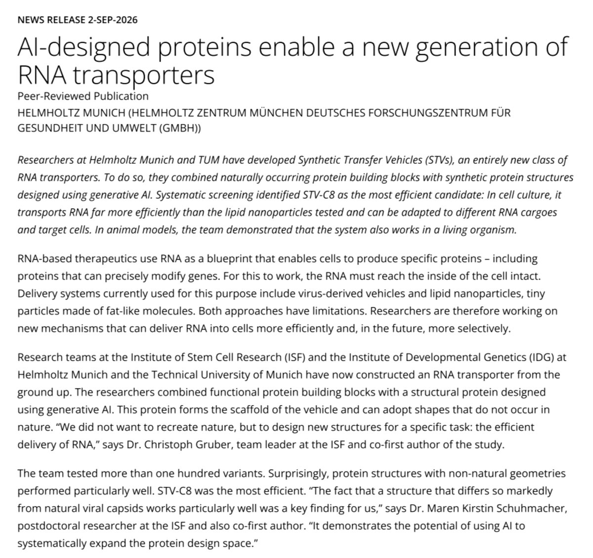 Research graphic describing the experimental AI-designed STV-C8 synthetic RNA transporter and animal tests