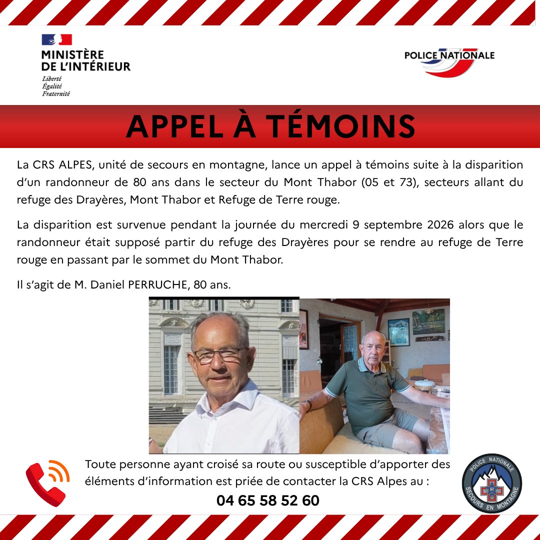 Image de Préfet des Hautes-Alpes - 🚨Appel à témoins / La CRS Alpes recherche Daniel PERRUCHE, 80 ans, porté disparu dans le secteur du