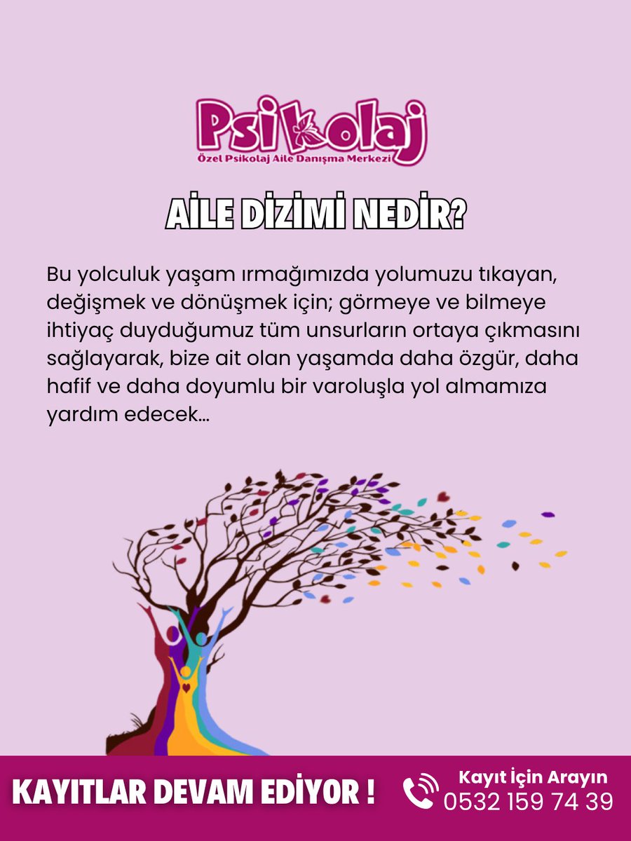 Psikolaj's tweet photo. 🌳 Aile Dizimi Grup Çalışması

Nesiller arası aktarılan travmaları, aile içindeki tekrar eden döngüleri fark etmeye ve içsel özgürleşmeye doğru adım atmaya davetlisiniz. ✨

📅 25 Ekim 2026 | Pazar

📞 0532 159 74 39

🌐 https://t.co/eqdfHeca0e https://t.co/2oesGFVyPh