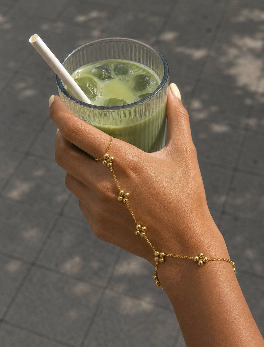 ad_reymond's tweet photo. Your matcha order, plus one. The Ravi Hand Chain turns an everyday coffee run into a full look. https://t.co/Xgy1bwDvTw