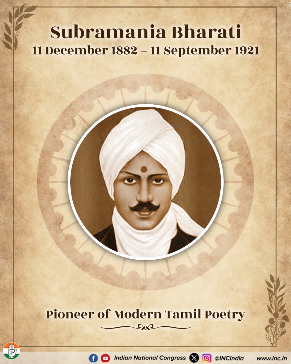 INCIndia's tweet photo. Remembering Subramania Bharati on his death anniversary. 

A pioneering voice of modern Tamil poetry and a fearless freedom fighter, his words awakened the spirit of liberty, equality and social reform. https://t.co/yve9tH9zMd