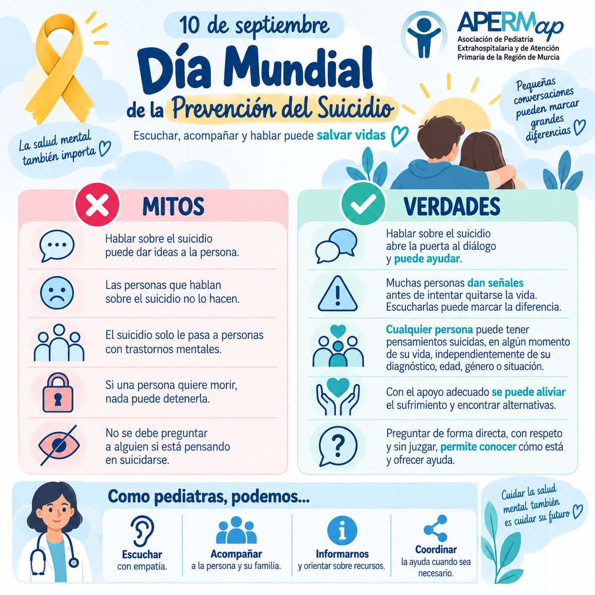 APERMap_'s tweet photo. 🟡💛 Hoy, 10 de septiembre, es el Día Mundial de la Prevención del Suicidio.

💬 Hablar no da ideas. Escuchar, acompañar y preguntar puede marcar la diferencia! 👂🏼🫂

🩺 Desde Pediatría, también podemos ayudar a prevenir 💙

#saludmental #suicidio #prevención #pediatría https://t.co/MCwGtventL