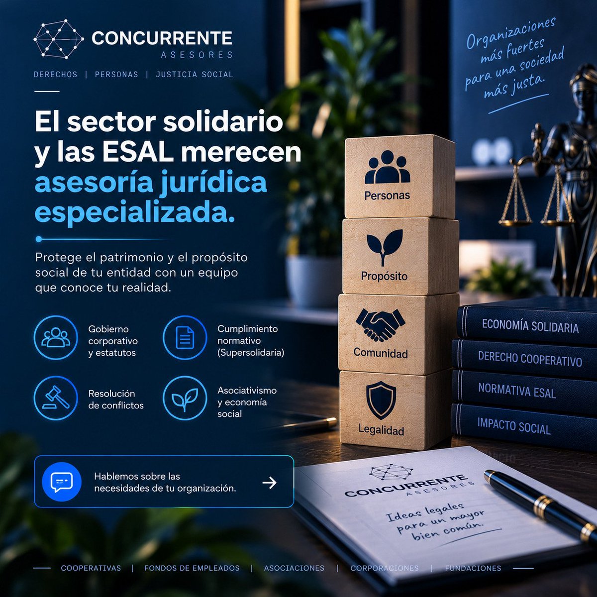 CorpConcurrente's tweet photo. ¿Tu cooperativa o ESAL recibe asesoría jurídica genérica? ⚠️ El sector solidario exige expertos que entiendan la gestión de recursos colectivos y regulaciones estrictas.

En Concurrente Asesores somos abogados especialistas en economía solidaria https://t.co/loPMSMym9h https://t.co/kP7ZP4Onme