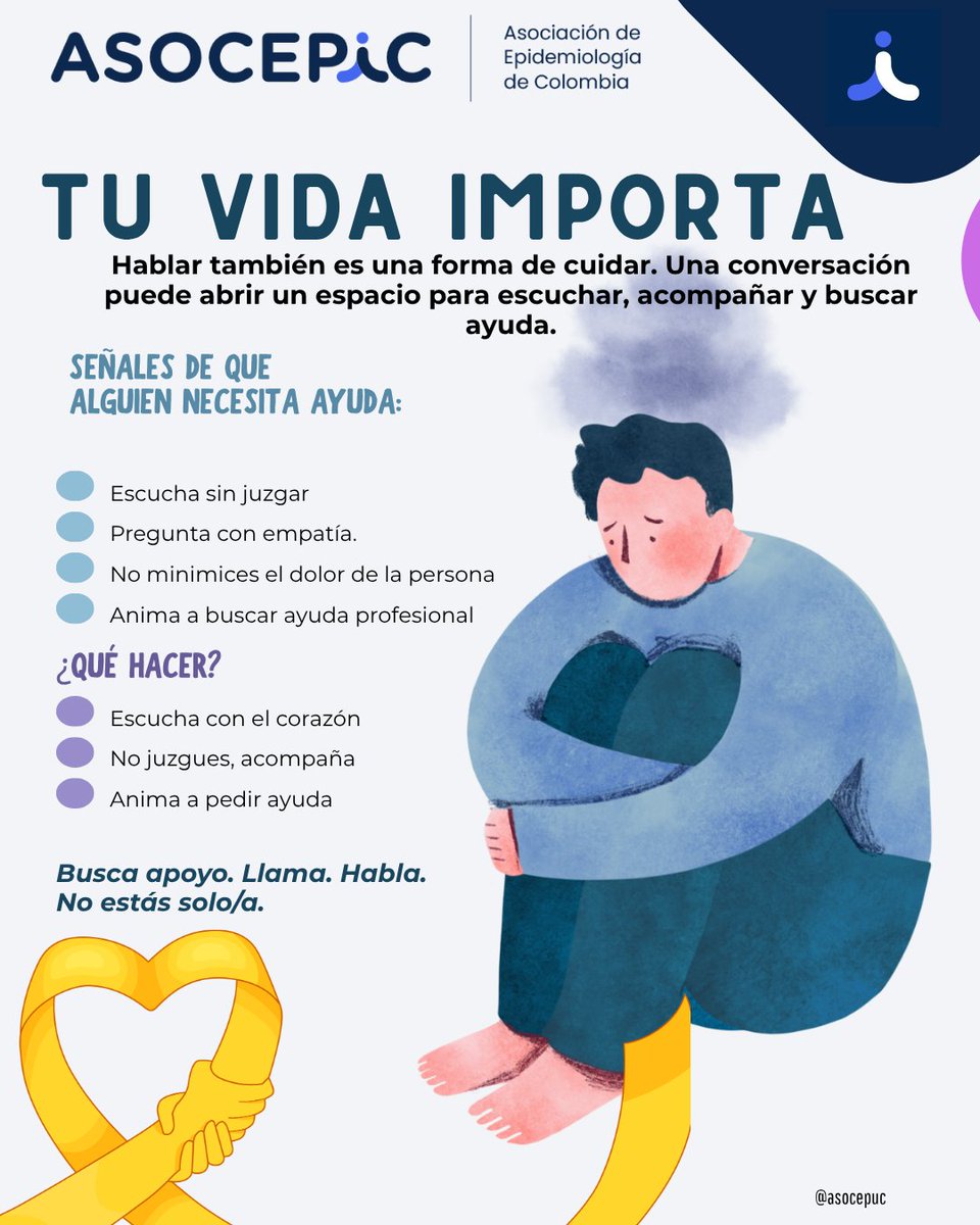 asocepic's tweet photo. 💛 Hablar puede abrir una puerta. Escuchar puede hacer la diferencia.

La prevención del suicidio es una responsabilidad de todos. Crear espacios seguros para hablar, escuchar sin juzgar, reconocer señales de alerta y facilitar el acceso oportuno a apoyo profesional. https://t.co/ajUI4lDmUy