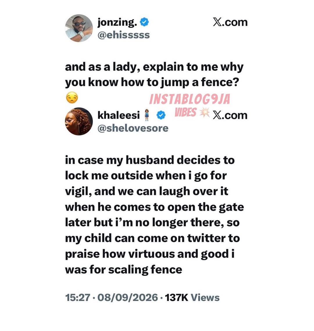 instablog9ja's tweet photo. Virtuous woman gives a hilarious reason every woman should know how to scale a fence in case her husband locks her out after vigil. Is this expo or pure comedy? 😂🏃‍♀️🏠 https://t.co/w94QfL8r17
