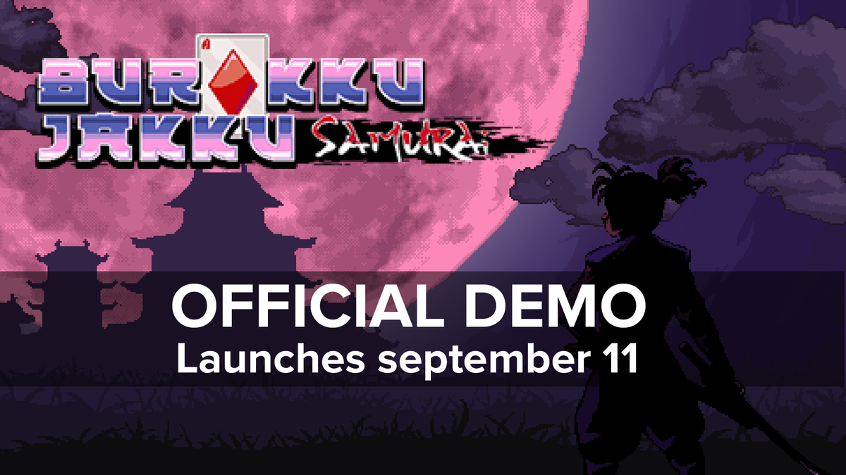 pixel_scale's tweet photo. Tomorrow is a massive day for our small team.

After months of tuning mechanics, iterating pixel art, and balancing card synergies, the official Steam demo for Burakku Jakku Samurai goes live tomorrow, September 11.

We are genuinely terrified and excited to finally see you play it, break our combos, and tell us what feels right and what doesn't

Only one thing, just play, enjoy. It's for you. Thanks 💕