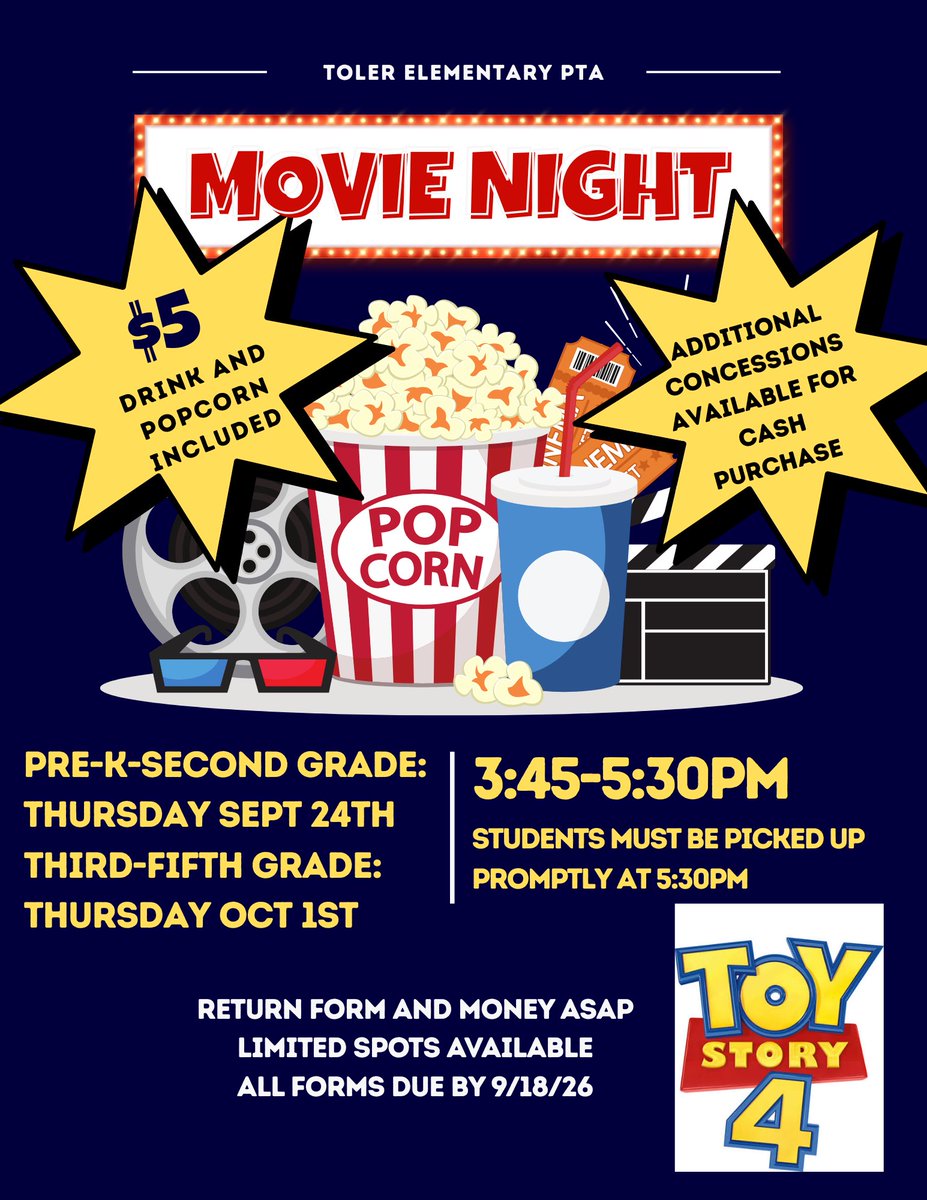 Toler_Texans's tweet photo. Toler PTA is hosting a movie night! There will be one movie night for prek-2nd and one movie night for 3rd-5th! Forms will be sent home with students tomorrow! 🍿🎬 https://t.co/UdpJjPOew7