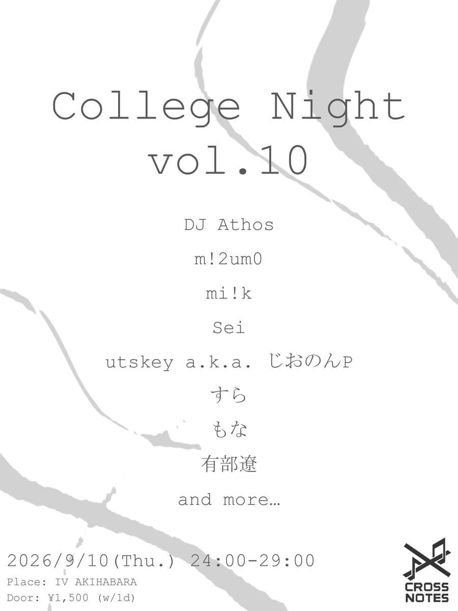 iv_akihabara's tweet photo. 📅 9/10(木) 24:00-5:00
📢 College Night vol.10
🎫 1,500円 (1D込)
#collegenight https://t.co/TQQB9HxjC2