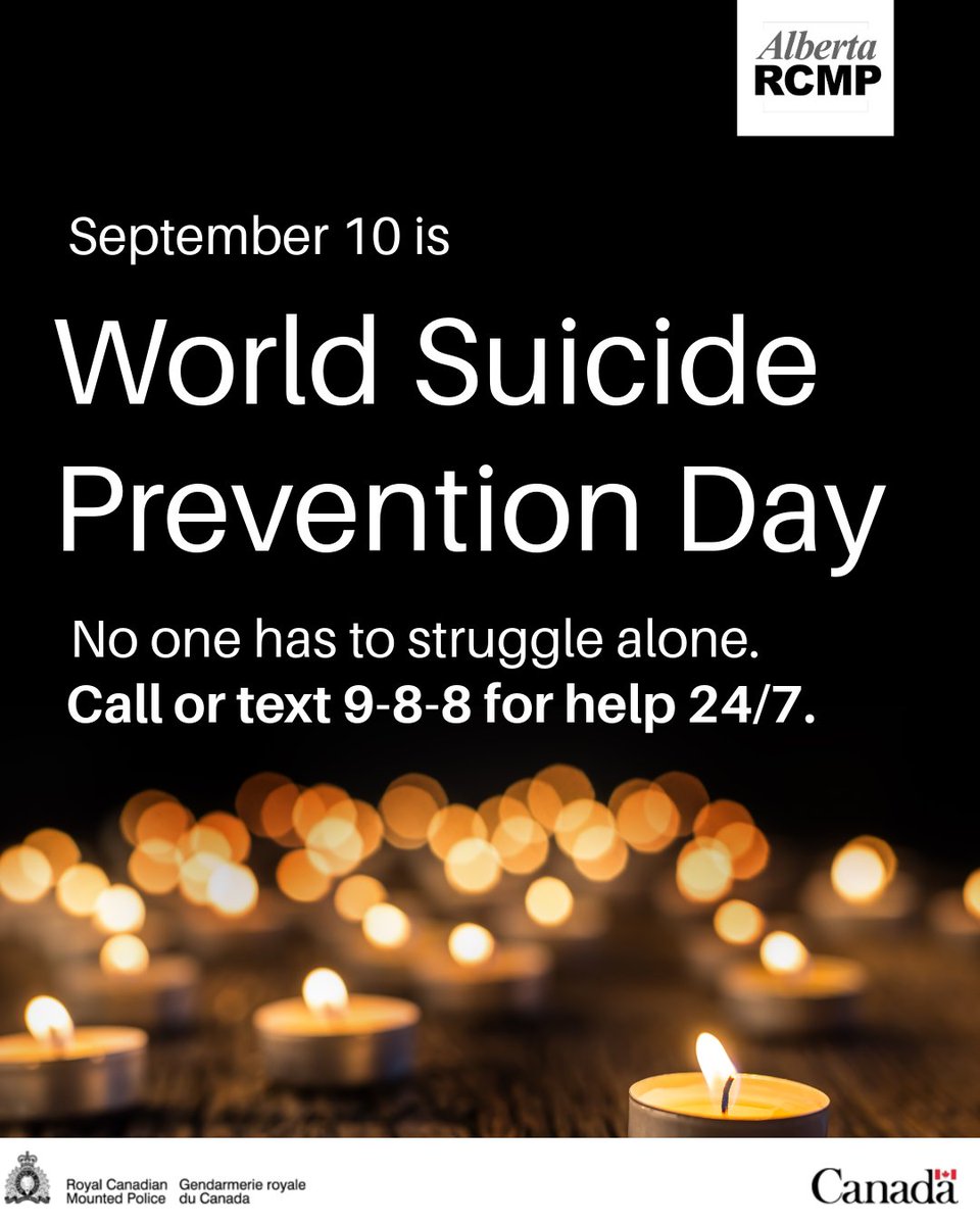 RCMPAlberta's tweet photo. Today, we pause to remember those we've lost, support those who are struggling and encourage conversations that can save lives. 

If you or someone you know needs support, call or text 9-8-8 anytime, day or night. 

#AlbertaRCMP #WorldSuicidePreventionDay https://t.co/eeHBjAzZY5