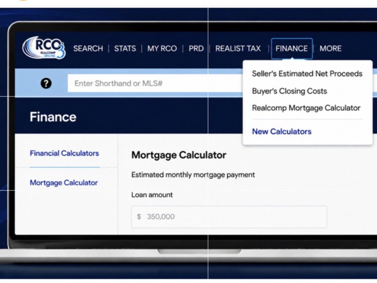 Realcompmls's tweet photo. New Financial Calculator Suite

A new suite of financial calculators is now available in RCO3®, providing tools that cover multiple stages of the real estate process, from affordability and rent-versus-buy analysis to closing-cost estimates and seller net proceeds. #Realcomp https://t.co/NAdNAMc75a