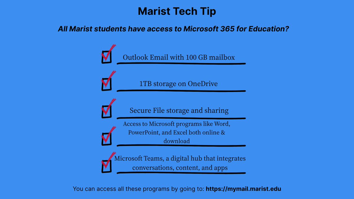 Marist_IT's tweet photo. Marist Tech Tip: Store, share, &amp; access files from anywhere with your Marist account. Microsoft 365 includes 1TB of OneDrive storage, Outlook email &amp; Microsoft Office apps to help you stay productive all semester. Learn more: https://t.co/DtbfLoJkon #MaristTechTip  #AllAccessTech https://t.co/zFHZmi4mPQ