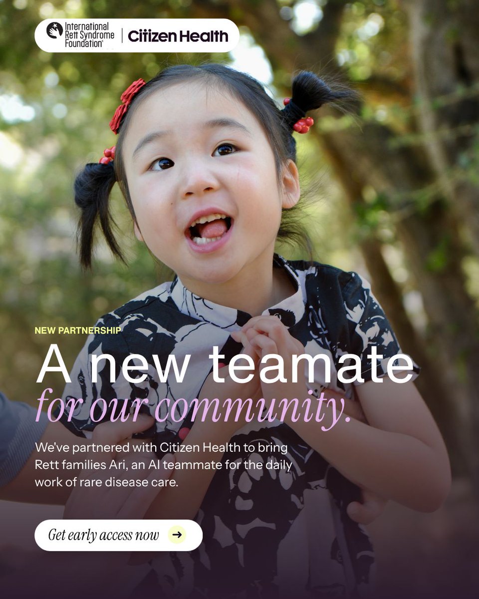 Rettsyndrome's tweet photo. Through our partnership with Citizen Health, we’re bringing Rett families a new tool designed to make some of the day-to-day work of Rett care easier.
Learn more about Ari and get started:
https://t.co/S6vAYW6mMj
#RettSyndrome #IRSF #RareDisease #PatientAdvocacy #DigitalHealth https://t.co/hejV3x4oLS