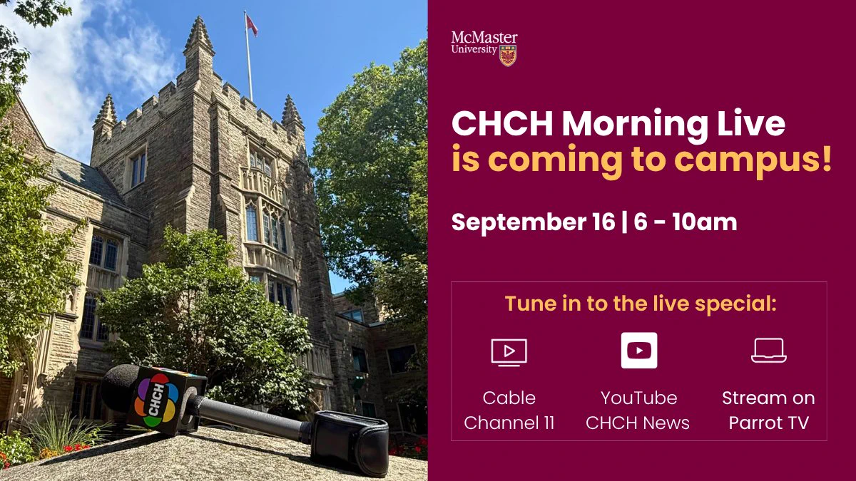 A graphic featuring a photo of McMaster's University Hall on a sunny day, with a CHCH microphone in the foreground. Text beside the photo reads, 'CHCH Morning Live is coming to campus! September 16 | 6-10am. Tune in to the live special: Cable Channel 11, YouTube CHCH News, Stream on Parrot TV.
