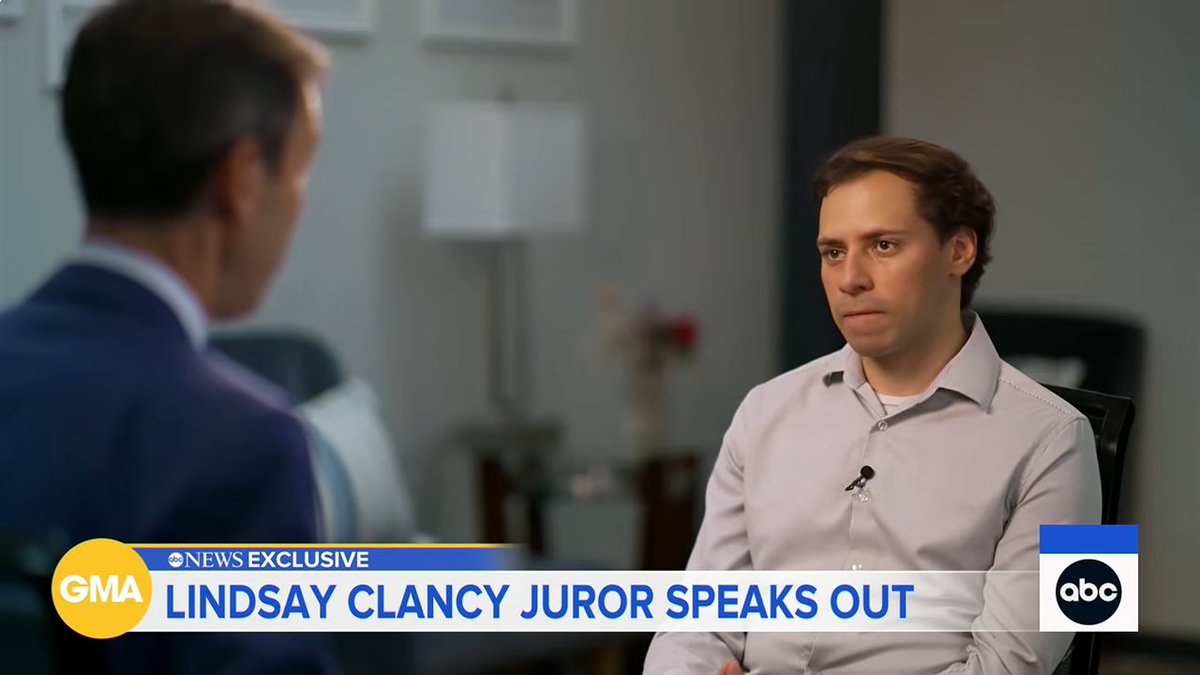cathyrusson's tweet photo. One of the 3 male jurors in the Lindsay Clancy case spoke on GMA. He said the lone holdout - "specifically said, ' I don't know if the prosecution or the defense proved their case." He said the holdout would scroll on his phone and wouldn't engage when others were trying to talk to him. He then took the exercise band and tied it around a water bottle. "I was shocked." He said if the public heard the 911 call, there wouldn't be a conspiracy theory about Patrick Clancy.