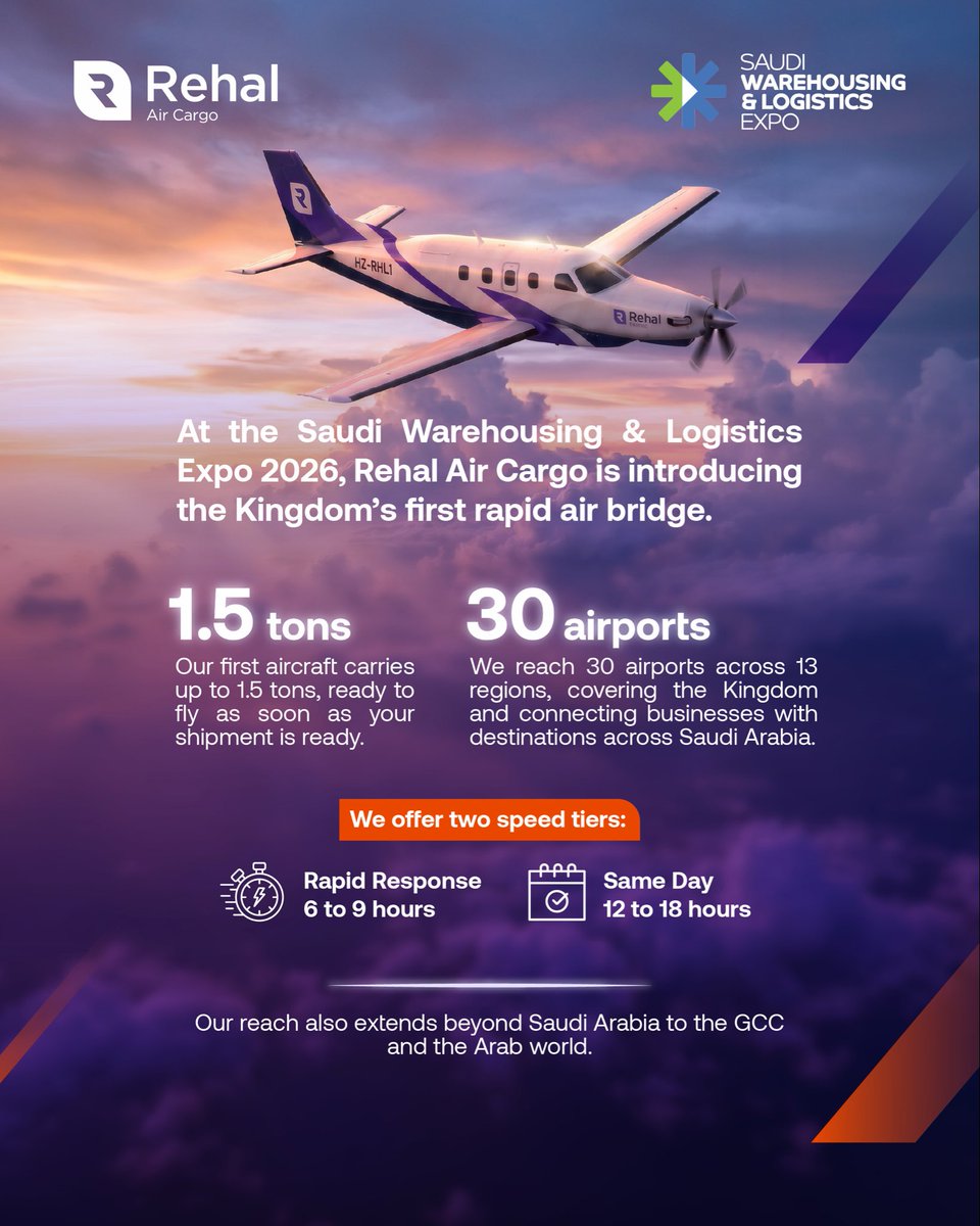 rehal_air's tweet photo. On the last day of the Saudi Warehousing & Logistics Expo 2026, Rehal Air Cargo is introduces the Kingdom’s first rapid air bridge for urgent and time-sensitive shipments.

With a first aircraft capacity of up to 1.5 tons, coverage across 30 airports in 13 regions, and two service options. Rapid Response in 6–9 hours and Same Day in 12–18 hours.