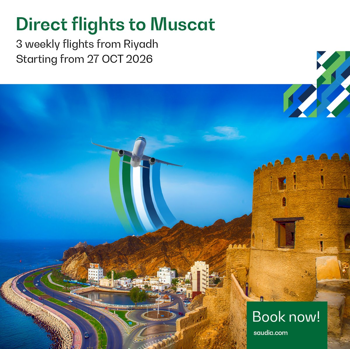 SaudiAirlinesEn's tweet photo. Get ready! #Muscat is calling ๐ด๐ฒ
From stunning coastlines to historic landmarks, your next getaway is closer than ever ๐โจ
๐น 3 direct weekly flights from #Riyadh starting 27 OCT 2026
#ThisIsHowWeFly