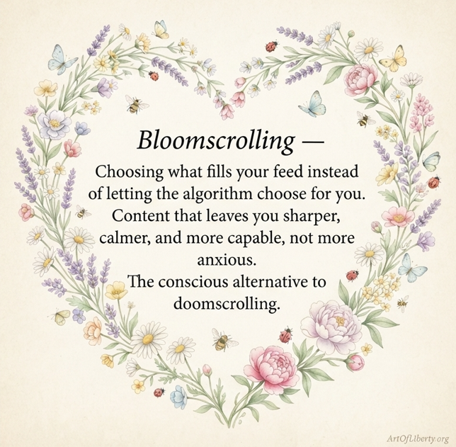artofliberty's tweet photo. Bloomscrolling: choosing what fills your feed instead of letting the algorithm choose for you. That's the goal here. https://t.co/uHnlvKnxiA