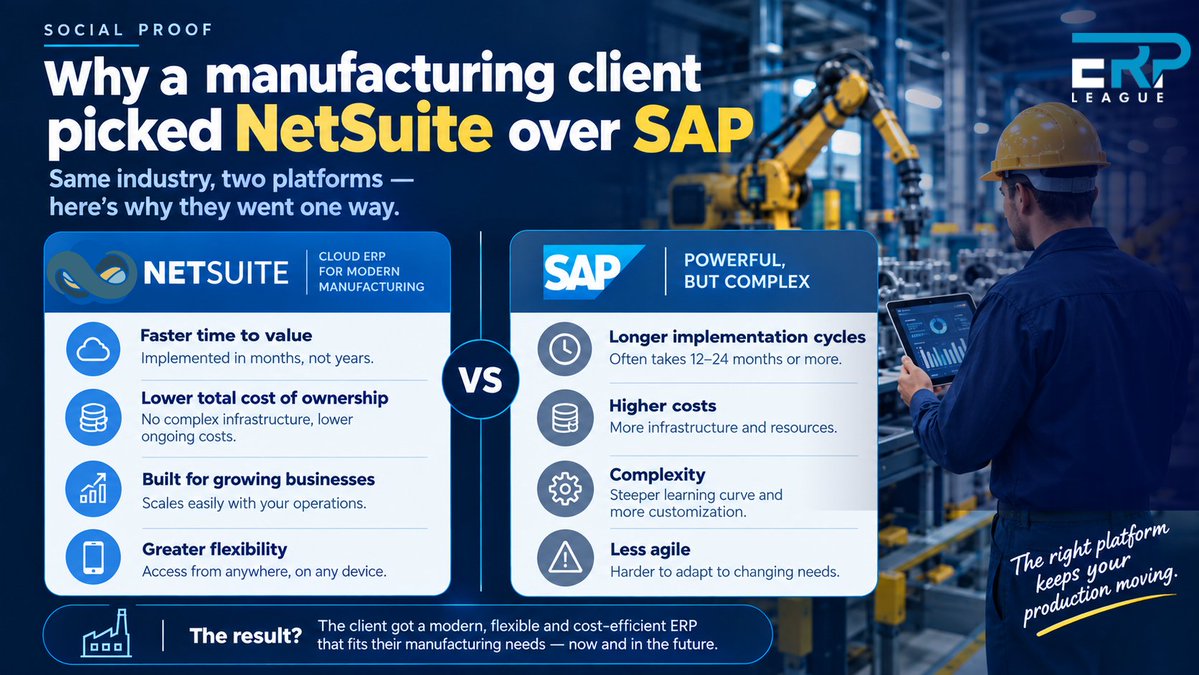 ErpLeague's tweet photo. Why are manufacturing businesses choosing NetSuite over SAP?

#NetSuite #SAP #ERP #ERPSoftware #Manufacturing #ManufacturingIndustry #DigitalTransformation #CloudERP #BusinessGrowth #ERPImplementation #BusinessTechnology #ManufacturingTech #SupplyChain https://t.co/cvcdWRjOMV