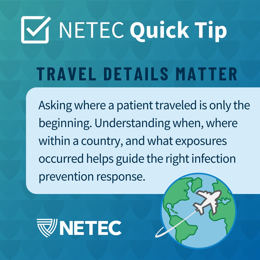 TheNETEC's tweet photo. With ongoing BDBV activity in the DRC and recent BDBV and MVD cases in Uganda, asking "Have you traveled?" isn't enough.

Ask about:
📍 Where
📅 When
🤝 Healthcare/household/funeral exposures
🐒 Animal exposures
🩺 Sick contacts

https://t.co/LJAFWtEz3H

#NETECNugget https://t.co/IZsXqYbcNw