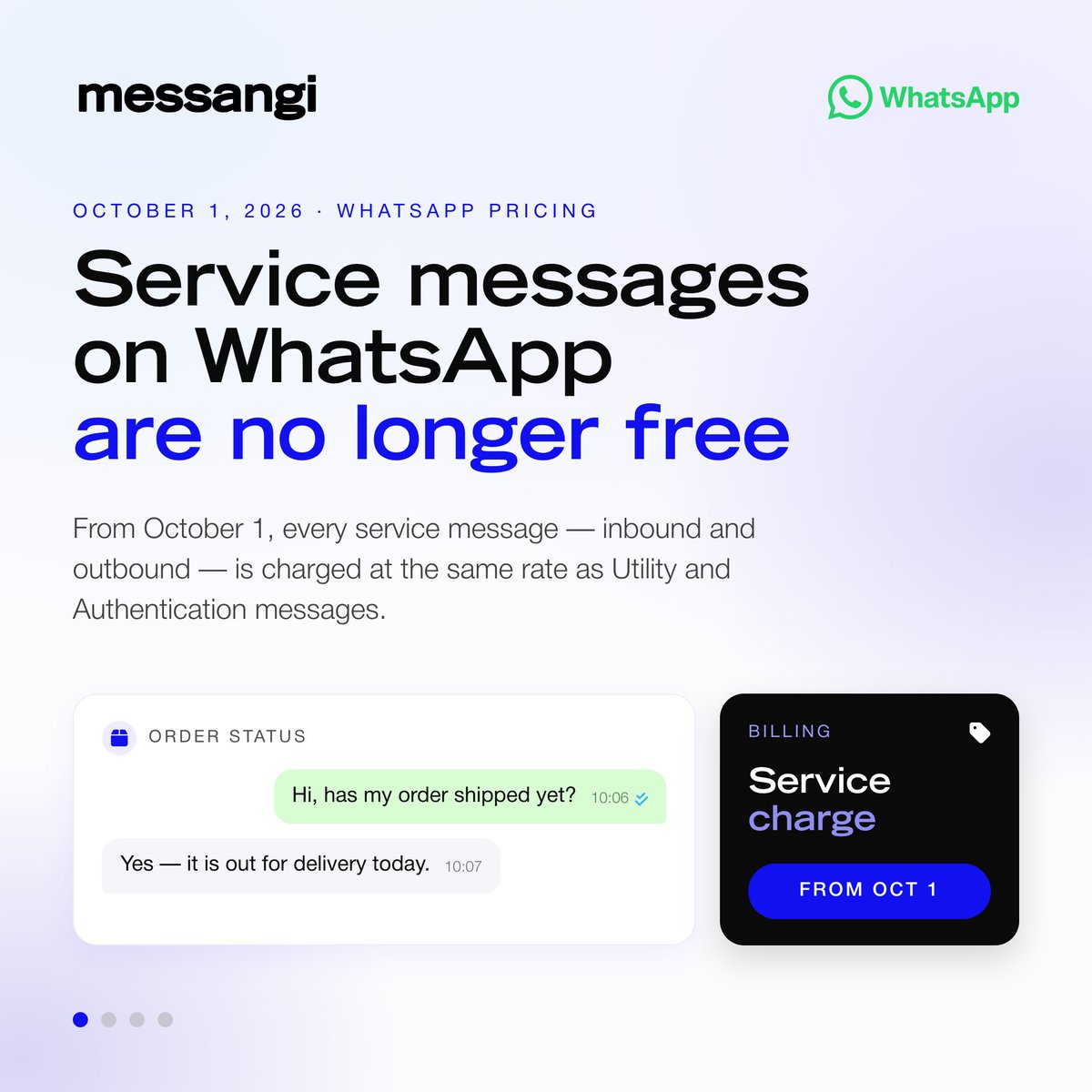 messangi's tweet photo. WhatsApp Business Platform pricing changes effective October 1, 2026: service messages now priced like Authentication and Utility, per market. 📲
Meta is pricing the reply while keeping the ad entry point free and routing AI replies to a token meter.
#WhatsAppBusiness #Messangi https://t.co/Id9esb4eZp