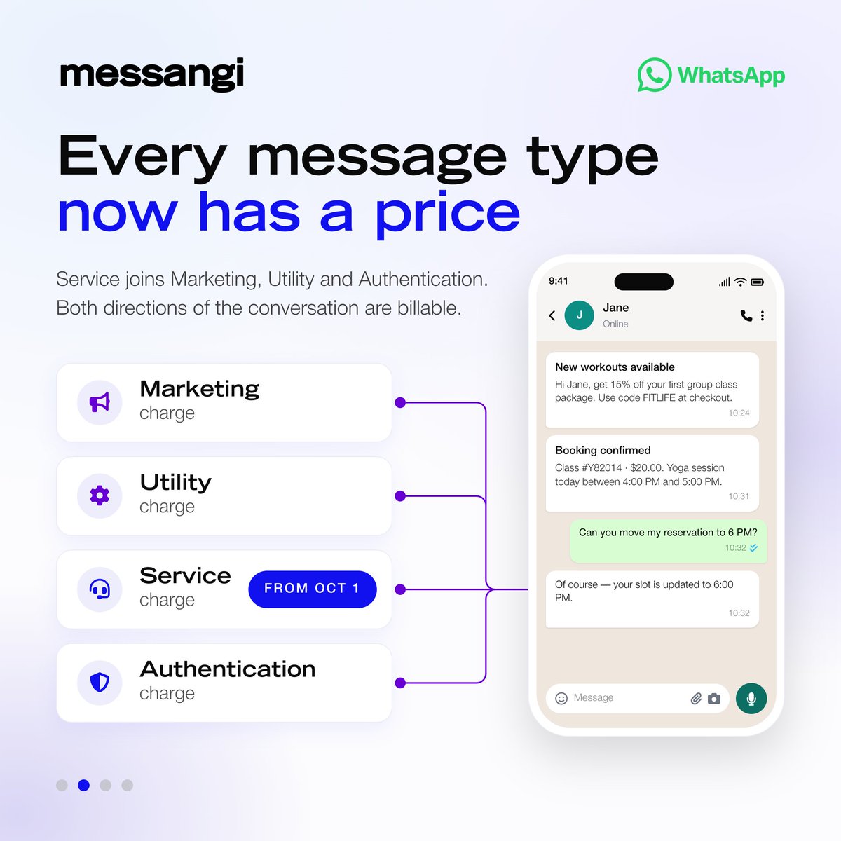 messangi's tweet photo. WhatsApp Business Platform pricing changes effective October 1, 2026: service messages now priced like Authentication and Utility, per market. 📲
Meta is pricing the reply while keeping the ad entry point free and routing AI replies to a token meter.
#WhatsAppBusiness #Messangi https://t.co/Id9esb4eZp