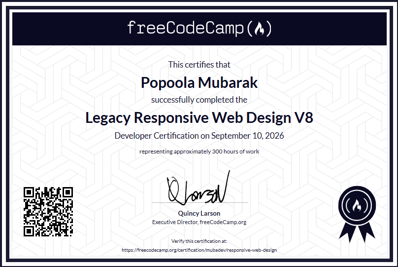 MubaDev's tweet photo. I just earned the Legacy Responsive Web Design V8 certification @freeCodeCamp! Check it out here: https://t.co/7Y4pq2mxq8
#freeCodeCamp #TechInnovation #public #LearnAndGrow #Technology2026andBeyond #3MTT #IOTBTECH https://t.co/Tn33qIzcKI