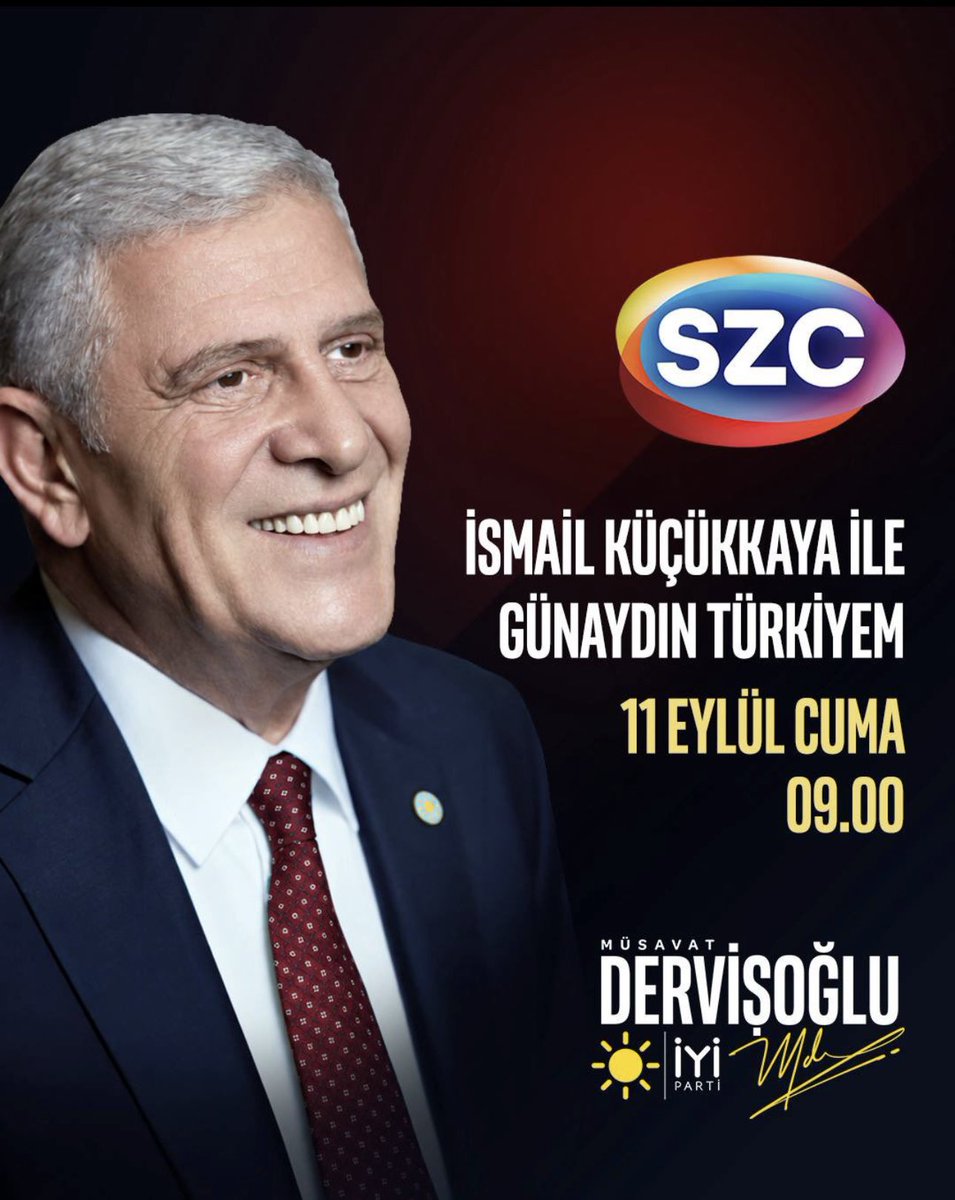 ayyuceturkestas's tweet photo. Genel Başkanımız Sayın Müsavat Dervişoğlu @MDervisogluTR;

🗓️ 11 Eylül Cuma (YARIN)
⏰ 09.00'da
📺 SZC TV'de

İsmail Küçükkaya ile #GünaydınTürkiyem programına konuk oluyor.

Sizleri de ekran başına bekliyoruz.☀️ https://t.co/lobJDJrZdL