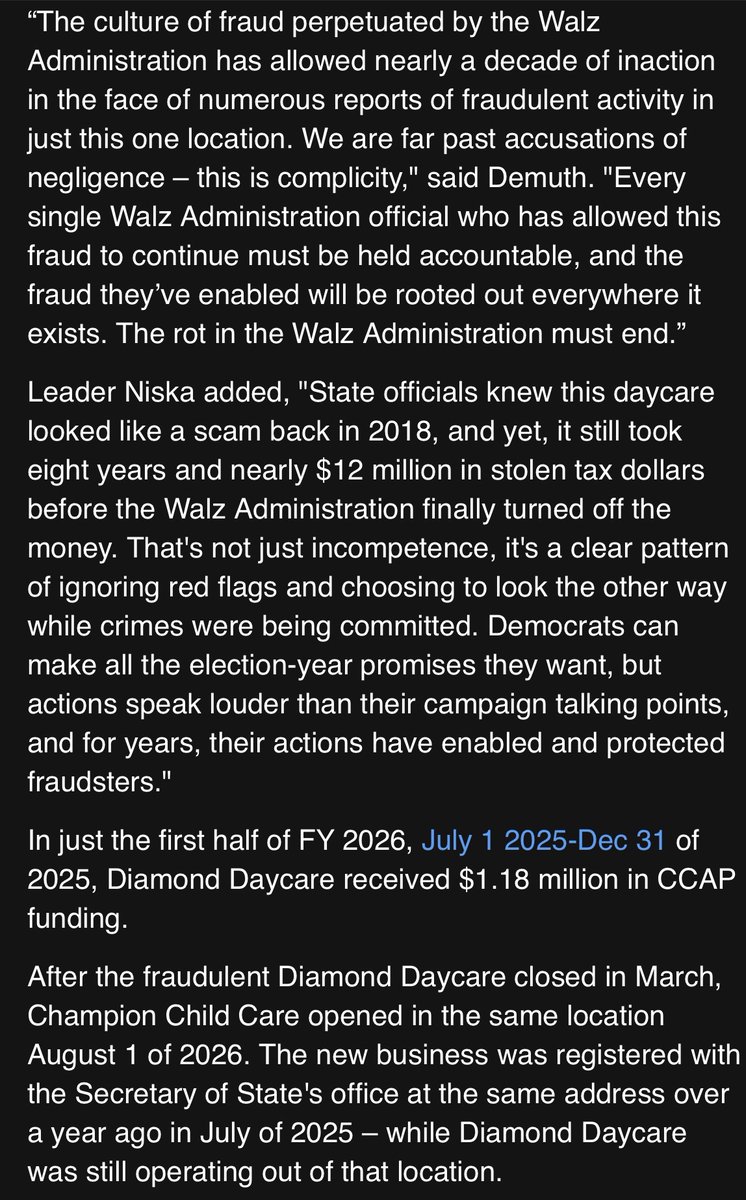 mnhousegop's tweet photo. Despite signs of fraud dating back to 2018, Diamond Daycare received nearly $12 million in CCAP payments from 2017 until it closed earlier this year.

House GOP leaders are calling out the Walz Admin after yet another massive fraud scheme was allowed to continue for years. 👇 https://t.co/GhCcJWbmdR