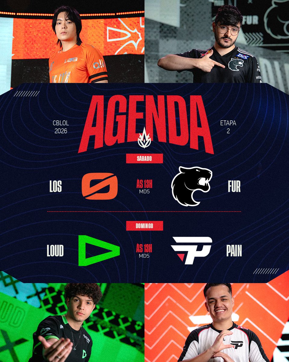 CBLOL's tweet photo. Vem aí o segundo final de semana dos Playoffs do #CBLOL

Quem garante a vaga na Final da Chave Superior?

🗓️ Sábado
@losgrandesgg 🆚 @FURIA 

🗓️ Domingo
@LOUDgg 🆚 @paiNGamingBR https://t.co/1zDK2vYFG5