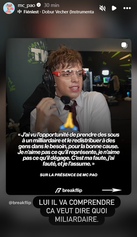 Actu2Twitch's tweet photo. MC Pao poste une story TRÈS ÉNIGMATIQUE visant Anyme… 👀

« Lui il va comprendre ça veut dire quoi milliardaire. » https://t.co/dnhPFlb4A8