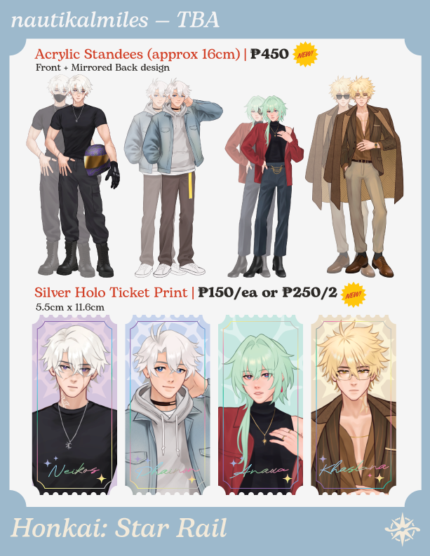 nautikalmiles's tweet photo. [❤️+ 🔄 appreciated!] 
NTKL #cosmania2026 
first batch of POs mostly to gauge acrylic standee interest :') 

PO: 09/10 - 09/20
🔗 Form in replies  

🩵 Phainaxa, Honkai: Star Rail
💚 Genshin Impact
🩵 Chainsaw Man
💚 Originals

#FanfairAtCosplayMania2026

1/3 https://t.co/DReg9kpcEi