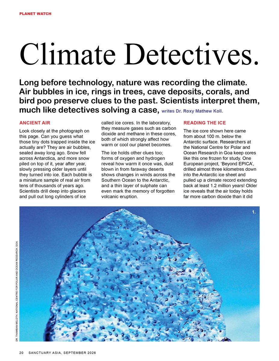 RockSea's tweet photo. “Climate Detectives” is out in Sanctuary Asia!

How do we study the climate before thermometers? We climate detectives read the clues hidden in air bubbles, tree rings, corals and even bird poo.

Read: https://t.co/CFniI8Jd6a https://t.co/wj8WNH9dlR