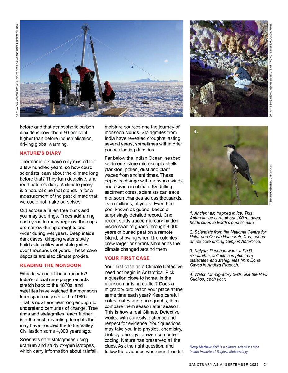 RockSea's tweet photo. “Climate Detectives” is out in Sanctuary Asia!

How do we study the climate before thermometers? We climate detectives read the clues hidden in air bubbles, tree rings, corals and even bird poo.

Read: https://t.co/CFniI8Jd6a https://t.co/wj8WNH9dlR