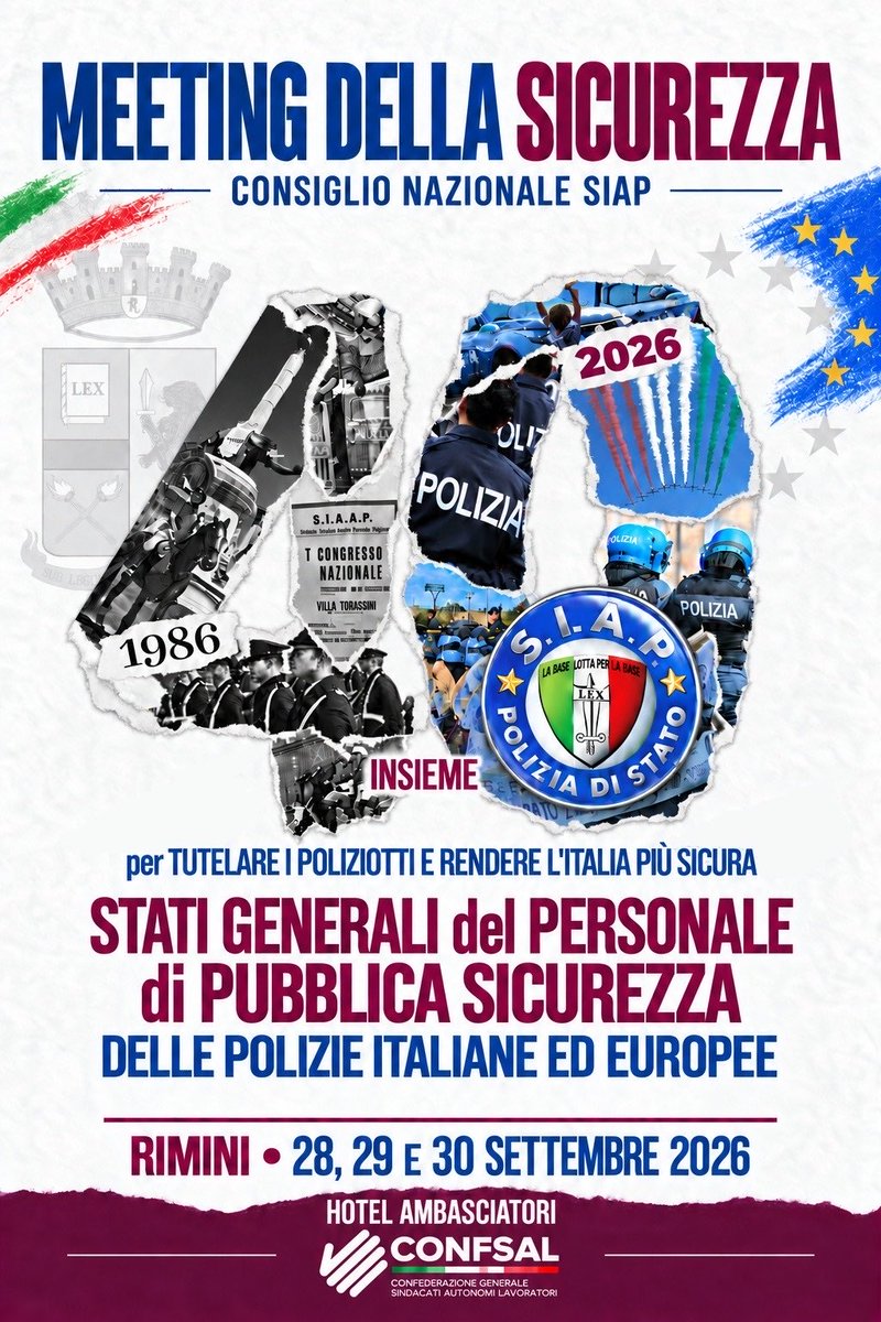 PressOfficeSiap's tweet photo. STATI GENERALI DEL PERSONALE DELLE FORZE DI POLIZIA E MILITARI. 
#11consiglionazionale 
#SIAP 
Rimini , 28-30 settembre 2026 https://t.co/wP8PuxjENj