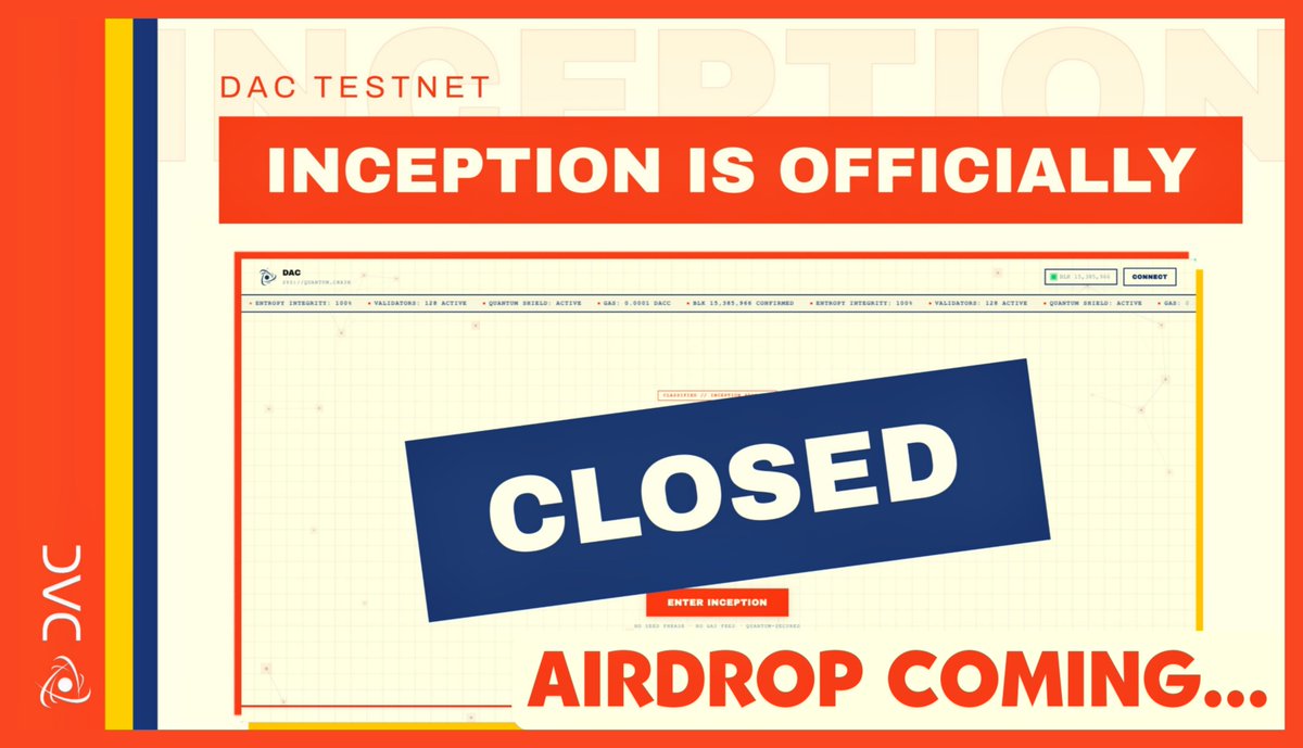 Coco_Airdrop's tweet photo. DAC Testnet Is Officially CLOSED ❌

The first chapter is over.
𝗡𝗲𝘅𝘁 𝗔𝗶𝗿𝗱𝗿𝗼𝗽🪂

@dac_chain Inception Testnet has now wrapped up, and the project is moving toward its next phase: Interstellar. 

If you participated in the testnet, now is a good time to check:

+ Your final QE
+ Rank & badges
+ Interstellar Pass
+ Any remaining eligibility/details

The clearance phase is currently marked CLOSED on DAC’s official portal. 

Now the real question:

What’s coming with Interstellar?

Testnet is done.
Mainnet is next.

How many BADGES and QE collected?👇