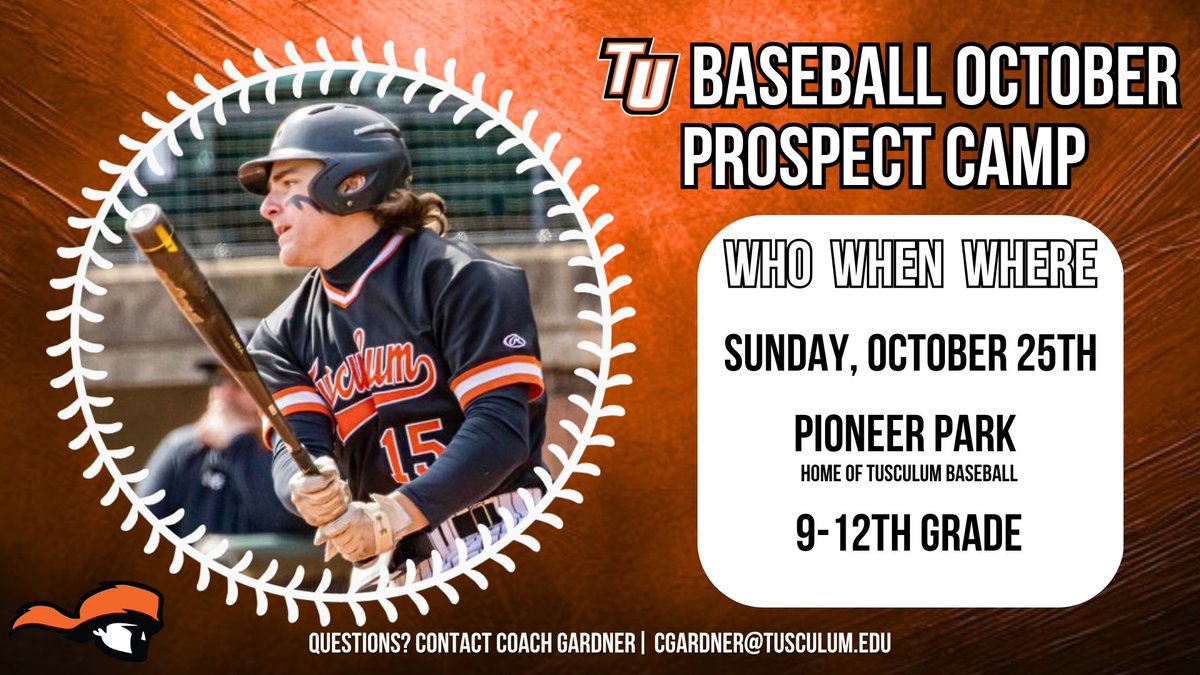 TusculumBSB's tweet photo. Reminder to sign up for our Prospect Camp being held here at Pioneer Park on October 25th! It will be a stellar chance to get in front of our coaching staff! Click the link below to sign up! ⬇️
https://t.co/HKDG7vHiQW https://t.co/ioaz3KjMl7