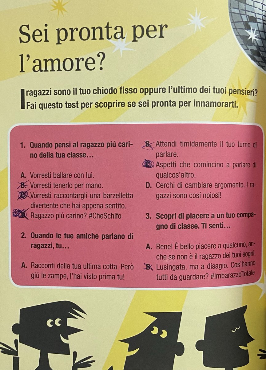 xiadrop's tweet photo. ho ritrovato questo vecchio libro di quando ero piccola che avevo COMPLETAMENTE rimosso ma rappresenta molto bene la mia omofobia interiorizzata 😭 dopo aver letto alla fine che esistono le ragazze saffiche ho cambiato apposta tutte le risposte per sembrare più etero 😭 https://t.co/PoTX1VDuOM