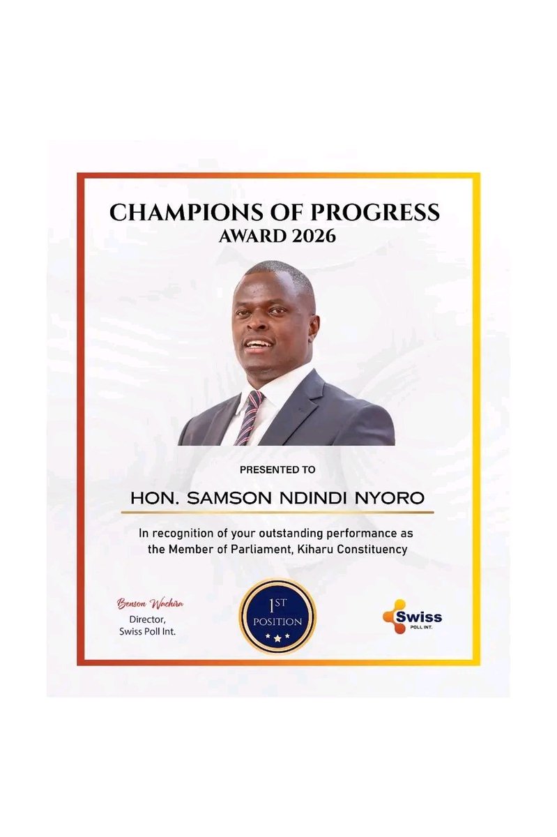 swisspoll20's tweet photo. π₯ 1ST POSITION! π₯
Congratulations to Hon. Samson Ndindi Nyoro, Member of Parliament, Kiharu Constituency, on being recognized for outstanding performance in the Champions of Progress Award 2026. Kiharu, make some noise! π₯
@Ndindinyoro
#ChampionsOfProgress2026 #SwissPollInt https://t.co/oXG2GeK4x1