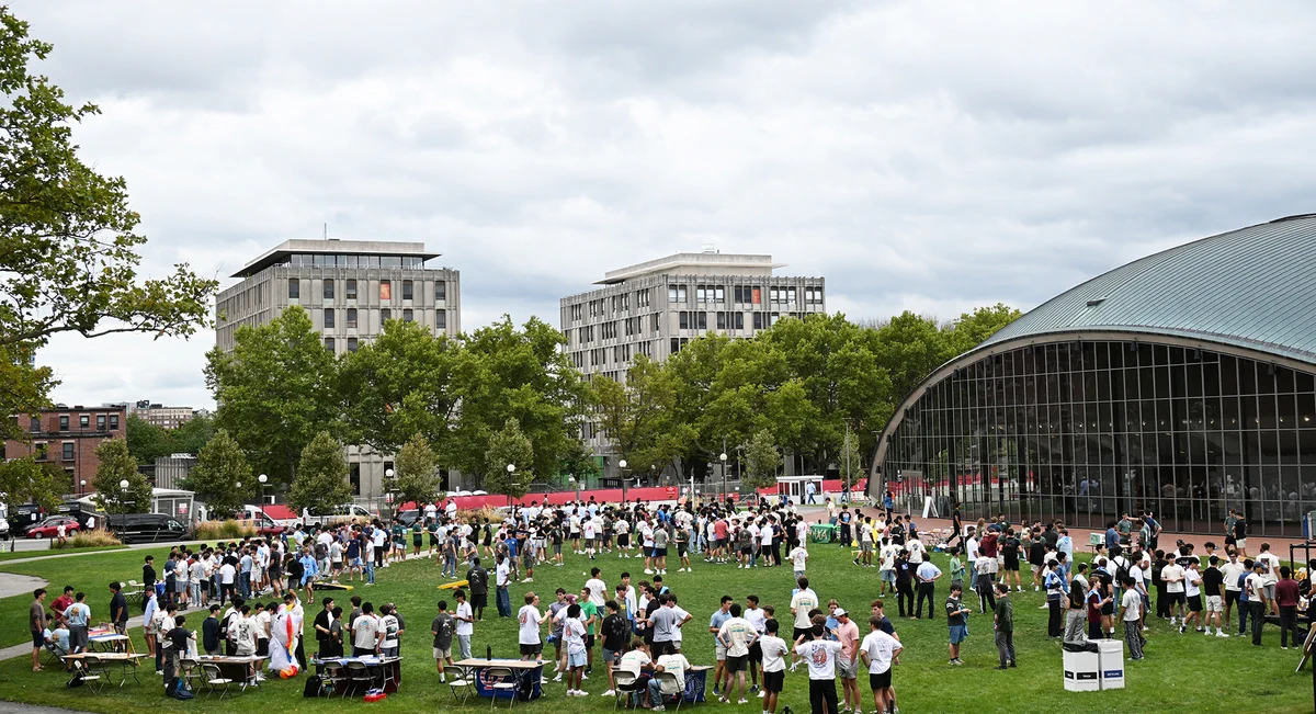 Hundreds of students gather for Rush on the Kresge oval at MIT.