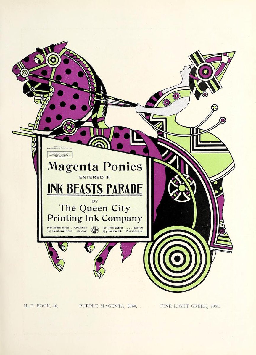 PublicDomainRev's tweet photo. From 1903 to 1907 Augustus Jansson produced more than 30 striking adverts for the Queen City Printing Ink Company, including the wonderful Ink Beasts Parade series, with its "Magenta Ponies" and "Orange-Yellow Ibexiaticus". More here: https://t.co/Ys970HSduT https://t.co/pHOPaPT4ZG