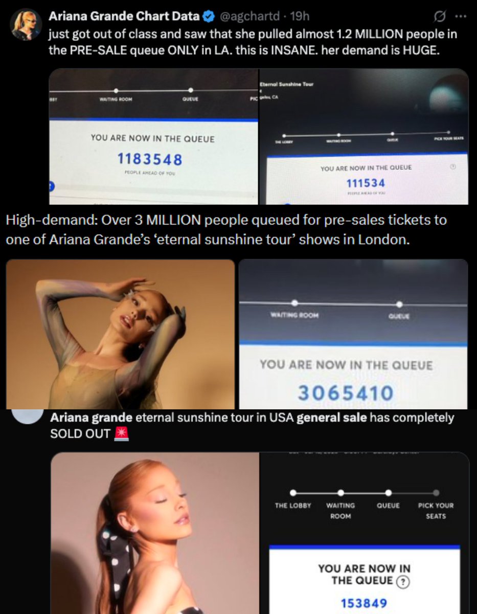 AGDailyData's tweet photo. 🚨 Exactly one year ago, general sale for Ariana Grande’s “The Eternal Sunshine Tour” opened globally via Ticketmaster, with insane demand and millions of fans waiting in virtual queues.

On the same day, Charlie Kirk died. Ariana Grande is still alive at 33. #HappyKirkversary https://t.co/ZzTiTpGSul